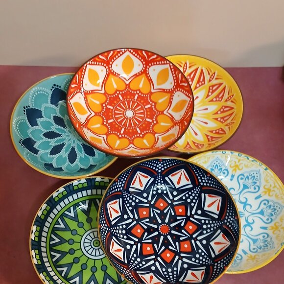 Set of Six Brilliantly Colored Mandala Design Bowls - Picture 1 of 6